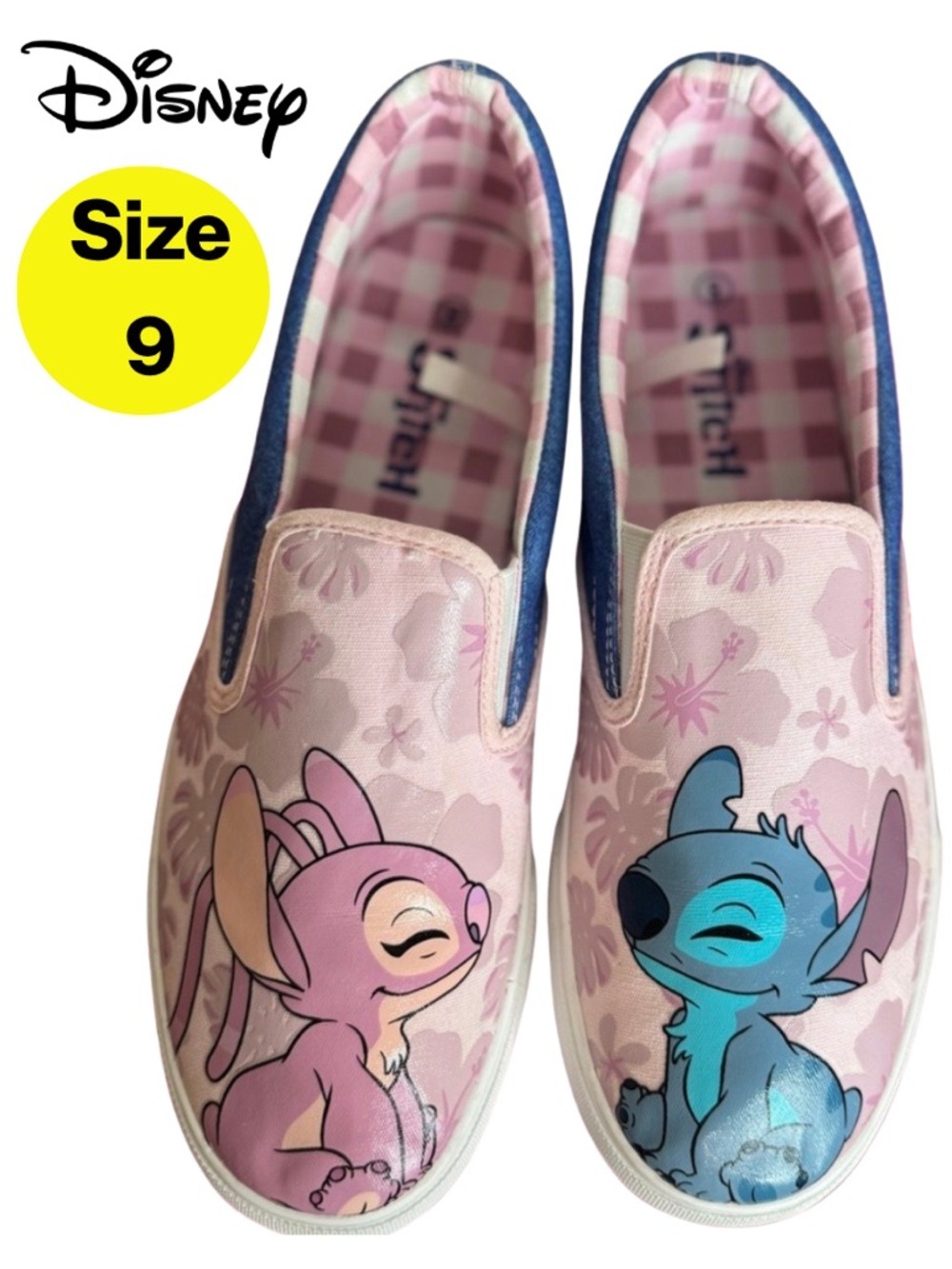 DISNEY’S STITCH 💘 Women’s Plaid, Pink & Blue Slip-On Sneakers (Size 9)